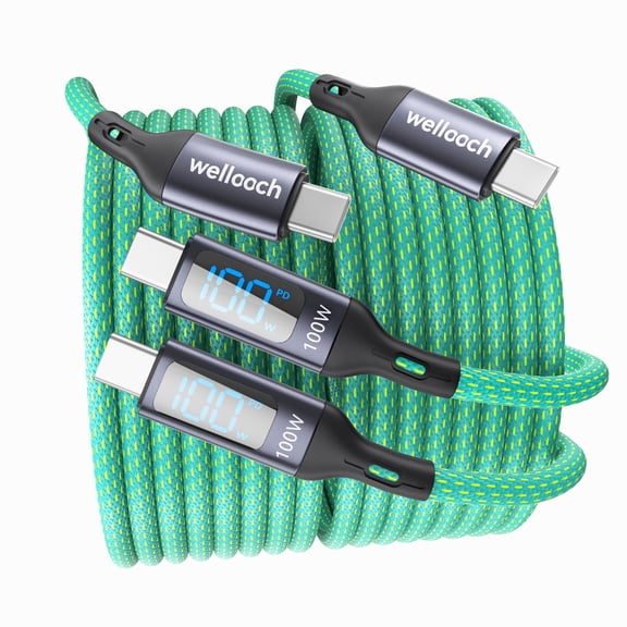 Wellooch 100W USB-C to USB-C Cable with LED Digital Display, 6ft, 2-Pack, Cyan - Fast Charger Cord
