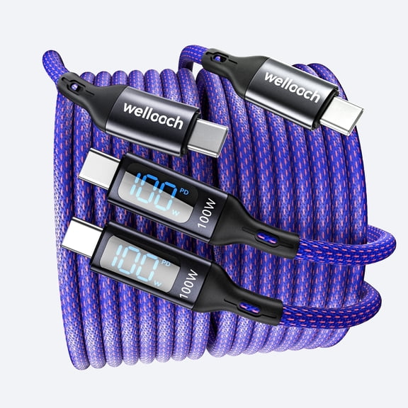 Wellooch 100W USB-C to USB-C Cable with LED Digital Display, 6ft, 2-Pack, Purple - Fast Charger Cord