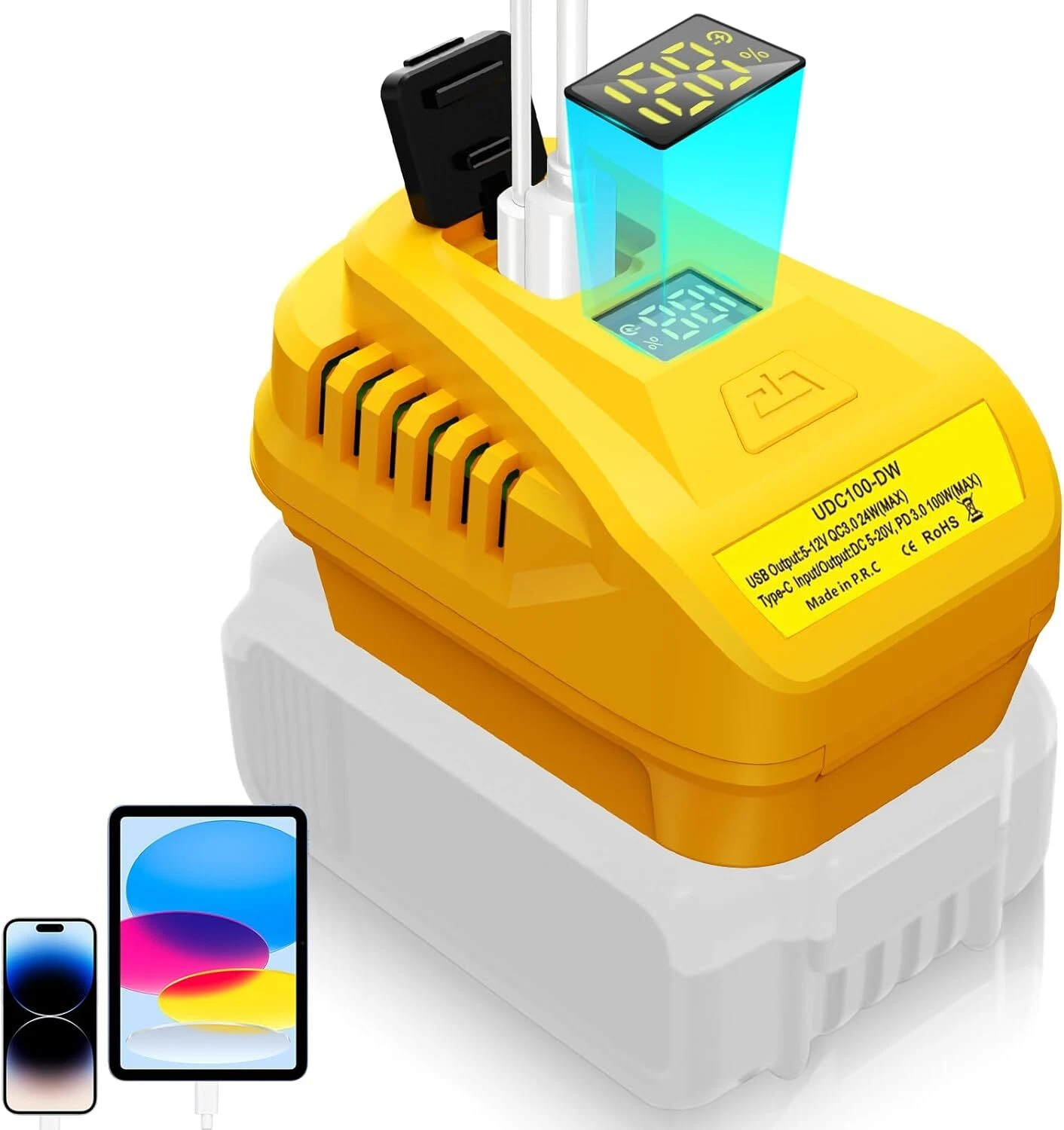 100W USB Charger Adapter for DeWalt 20V QC3.0 Type-C USB Port with LED Display
