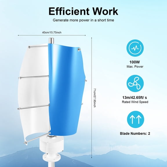 100W Vertical Axis Wind Turbine Generator Kit 12V, White&Blue, DN25 Flange, Windmill for Outdoor, Garden, Camping Use