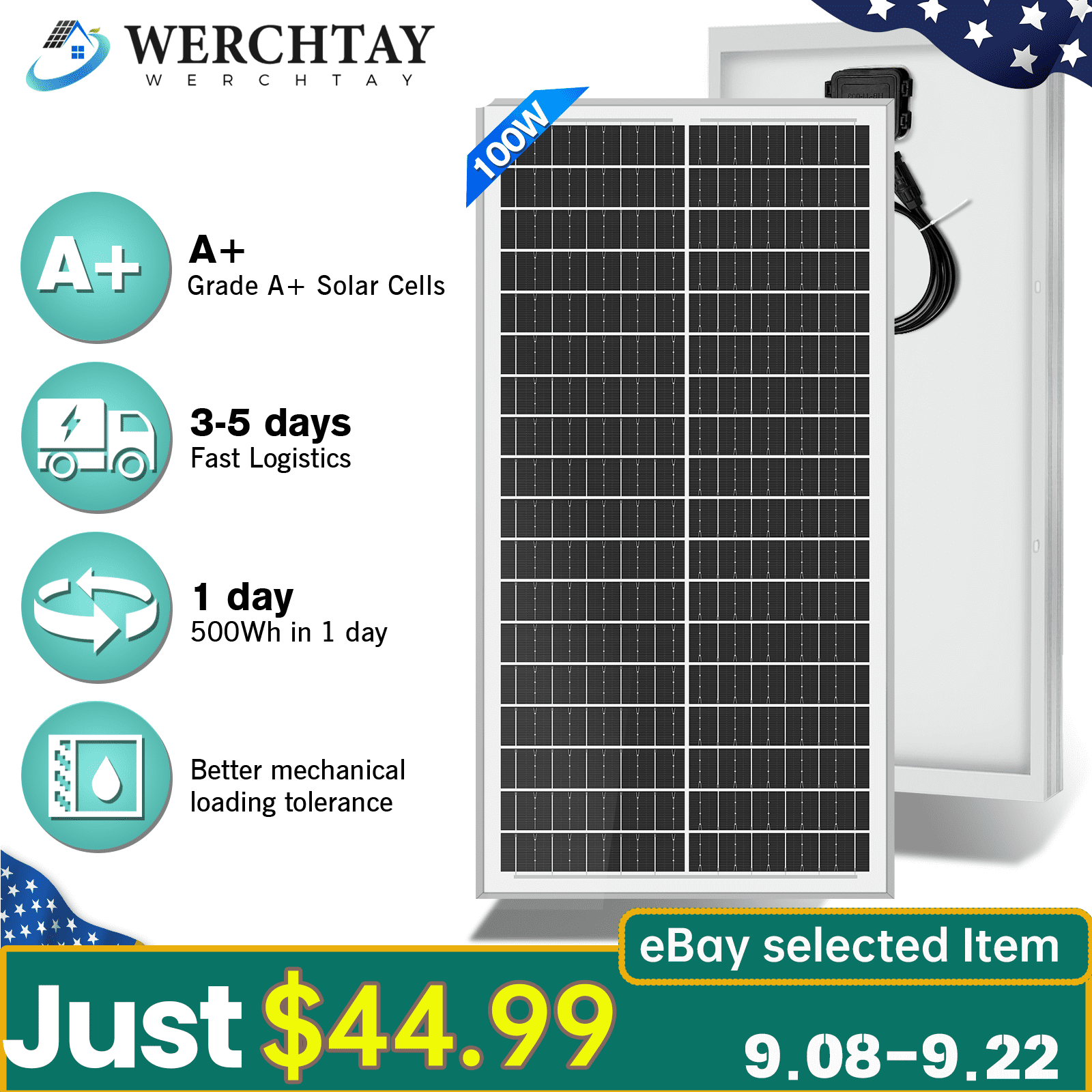 100W Watt 12v Monocrystalline Solar Panel RV Camping Home Off Grid