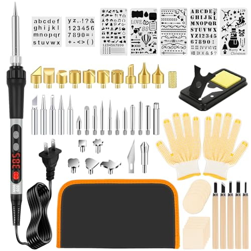 100W Wood Burning Kit with Digital Pen & LED Display,60PCS Adjustable Wood Burner Tool (180–520°C),28 Tips & 7 Stencils,for Beginners and Adults,Solder/Hot Knife Functions,Stand,Gloves & Case
