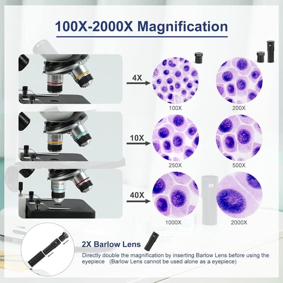 100X-2000X Metal Microscope Kit with Dual LED Light for Students Adults