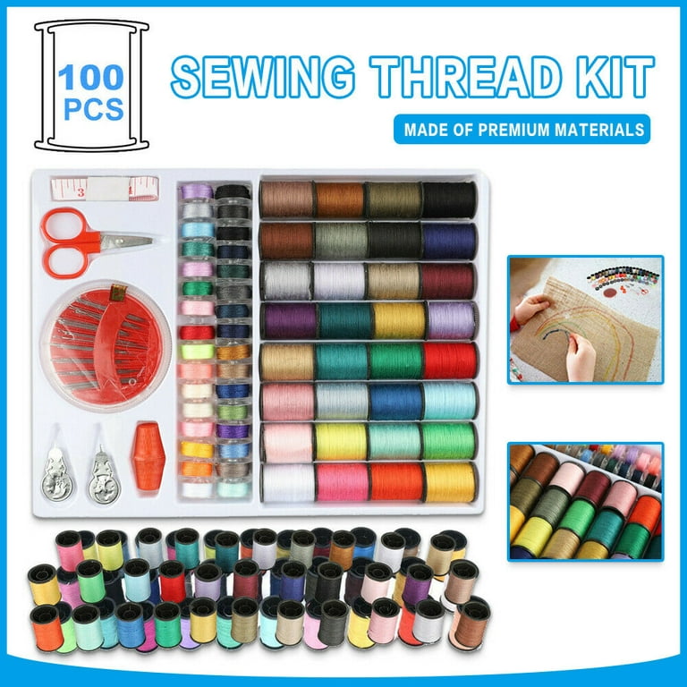 100X Assorted Colorful Sewing Thread Kit Spools Bobbin Needles Tape Scissor  set 