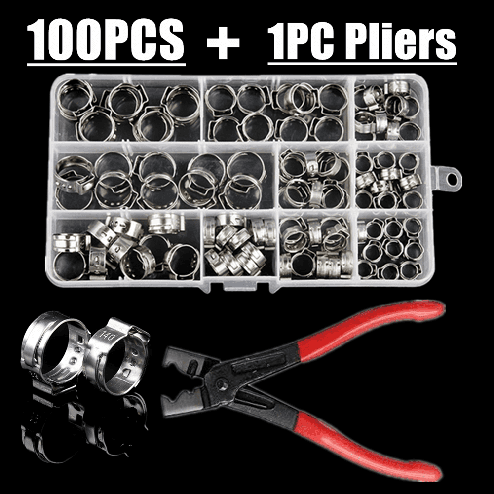 100X Assorted Hose Clamp Stainless Steel Ear Rings Crimp Pinch Set Pliers