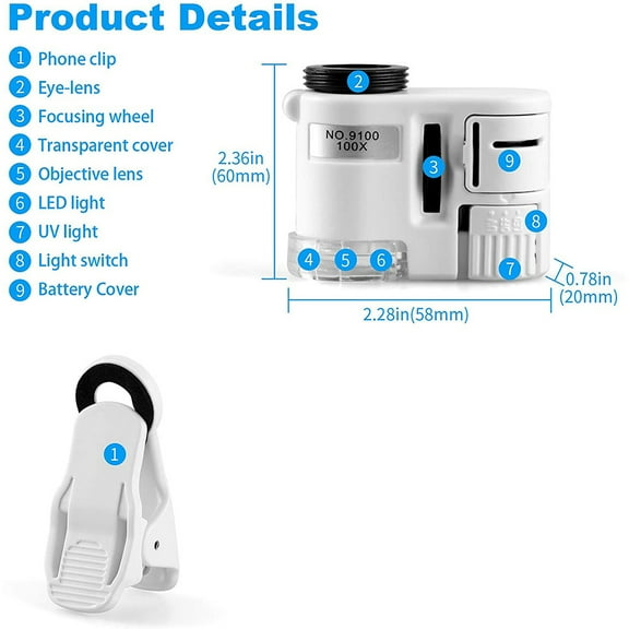 100X Zoom Clip-on Microscope with LED Light, Portable Magnifier Loupe Pocket Magnifying Lens Glass