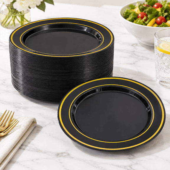 100black Plastic Dessert Plates 7 Inch Disposable Salad Plate With Rim Hard Fancy Small Heavy Duty Cakes For Party Wedding And Bi