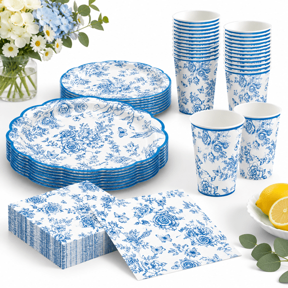 100blue Flpaper Plates Napkflower Scalloped Tableware