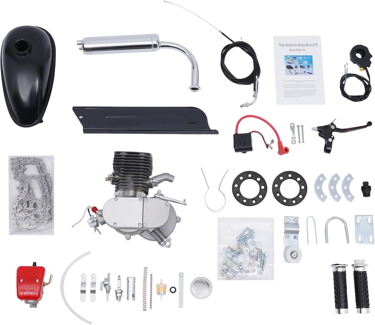 Full Set 100CC Bicycle Engine Kit, Motorized Bike 2-Stroke, Petrol