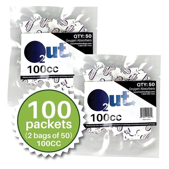 100cc O2 Out Oxygen Absorbers, 100 Pack (2 Packs of 50), FoodVacBags Food Grade, Long Term Food Storage