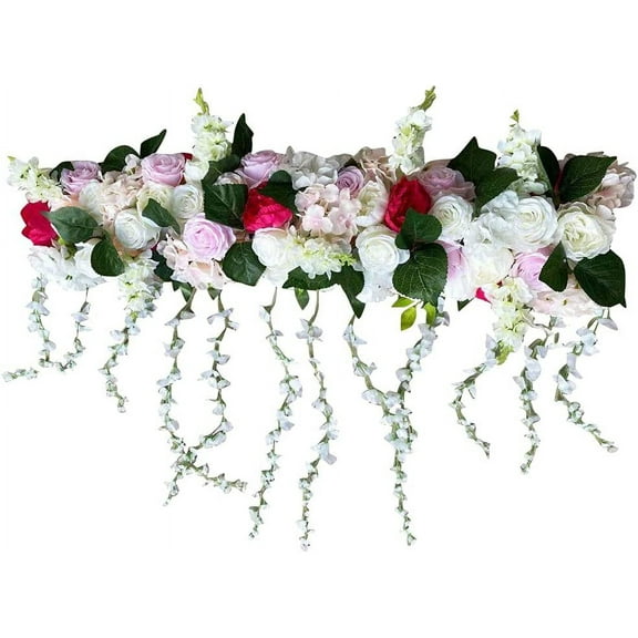 100cm Artificial Rose Flower Backdrop Wedding Row Decor Centerpiece Table Decorations Silk Decorative Faked Flower Wedding Flower Garland Floral Wall for Wedding Party Table Decoration (Pink Whiter)