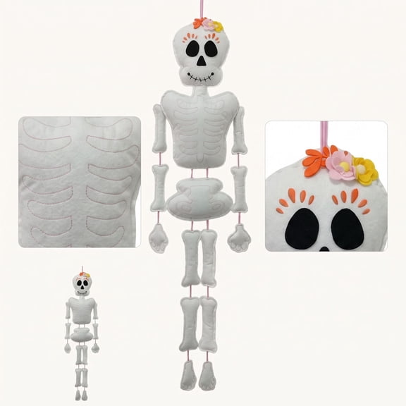100cm Floral Sugar Skull Skeleton Hanging Decor, Full Body Jointed Felt Skeleton Wall Hanging, Porch Mantel Decor
