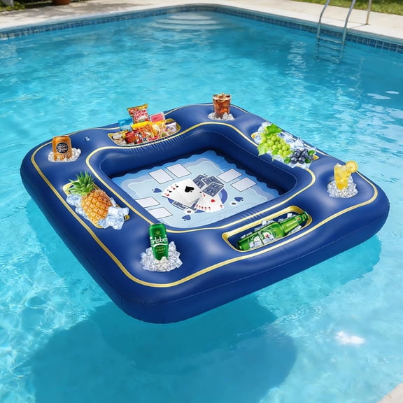 100cm Inflatable Pool Poker Table with Waterproof Playing Cards - 4 Person Floating Card Table for Adults - Blue & Gold Premium Pool Game Set for Lake, River, and Swimming Pool Party$$Furniture