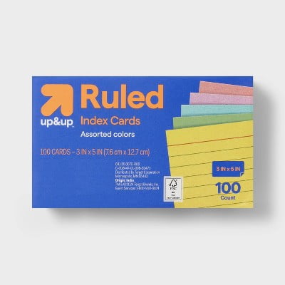 100ct 3" x 5" Ruled Index Cards Multicolor Note Cards, Flashcards, Uncoated Paper, Wide Rule, 110 Weight