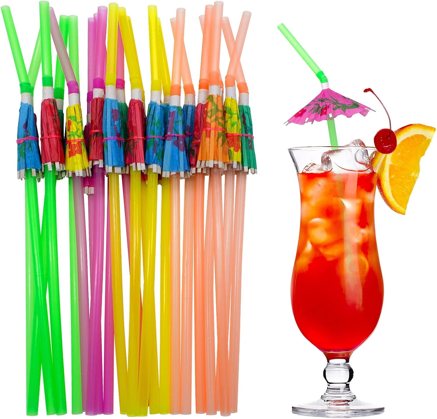 Scrub Garb 100ct Flexible Umbrella Drinking Straws, Plastic Bendy Cocktail Toppers ...