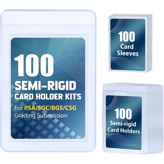 100ct Semi-Rigid Card Holder and 100ct Penny Sleeves, Grading Card Sleeves for PSA, BGS, SGC, Card Submission Kit with 1/2" Lip, Toploader Card Protectors for Grade Sending Collection Trading