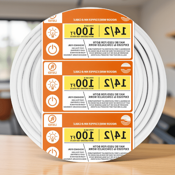 100ft 14/2 NM-B Wire, Solid Copper Indoor Electrical Cable with Ground Wire, 600V, White