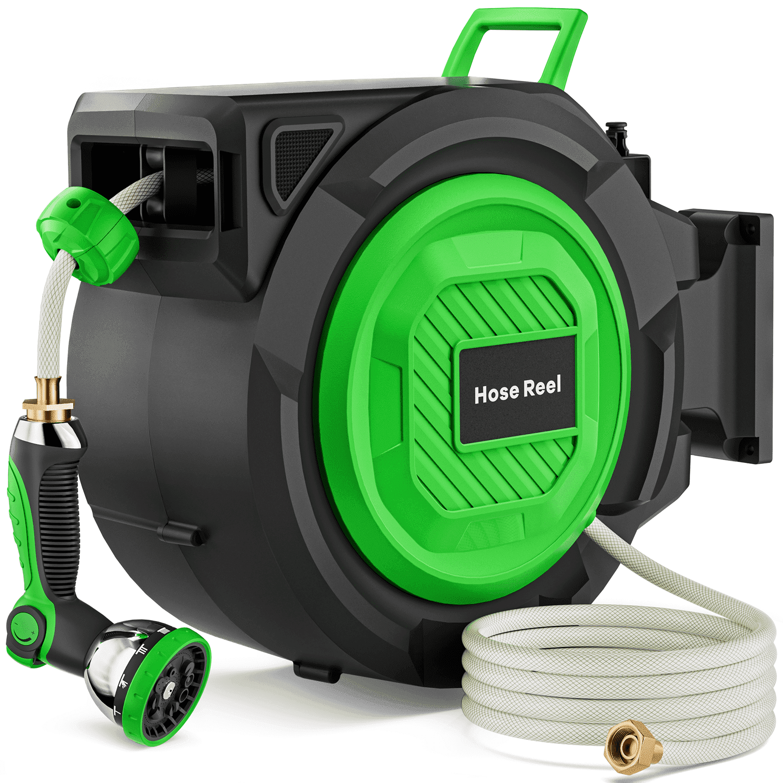 GINOST 100-150 ft Retractable Garden Hose Reel with 10-Pattern Spray Nozzle, Wall-Mounted Auto-Rewind System, Lock-at-Any-Length, Heavy-Duty 3-Layer PVC Hose (1/2-in)