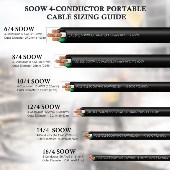 100ft 16/4 SOOW Cable 16AWG Portable Power Cable,10A 16/4 SO Cord SOOW Wire