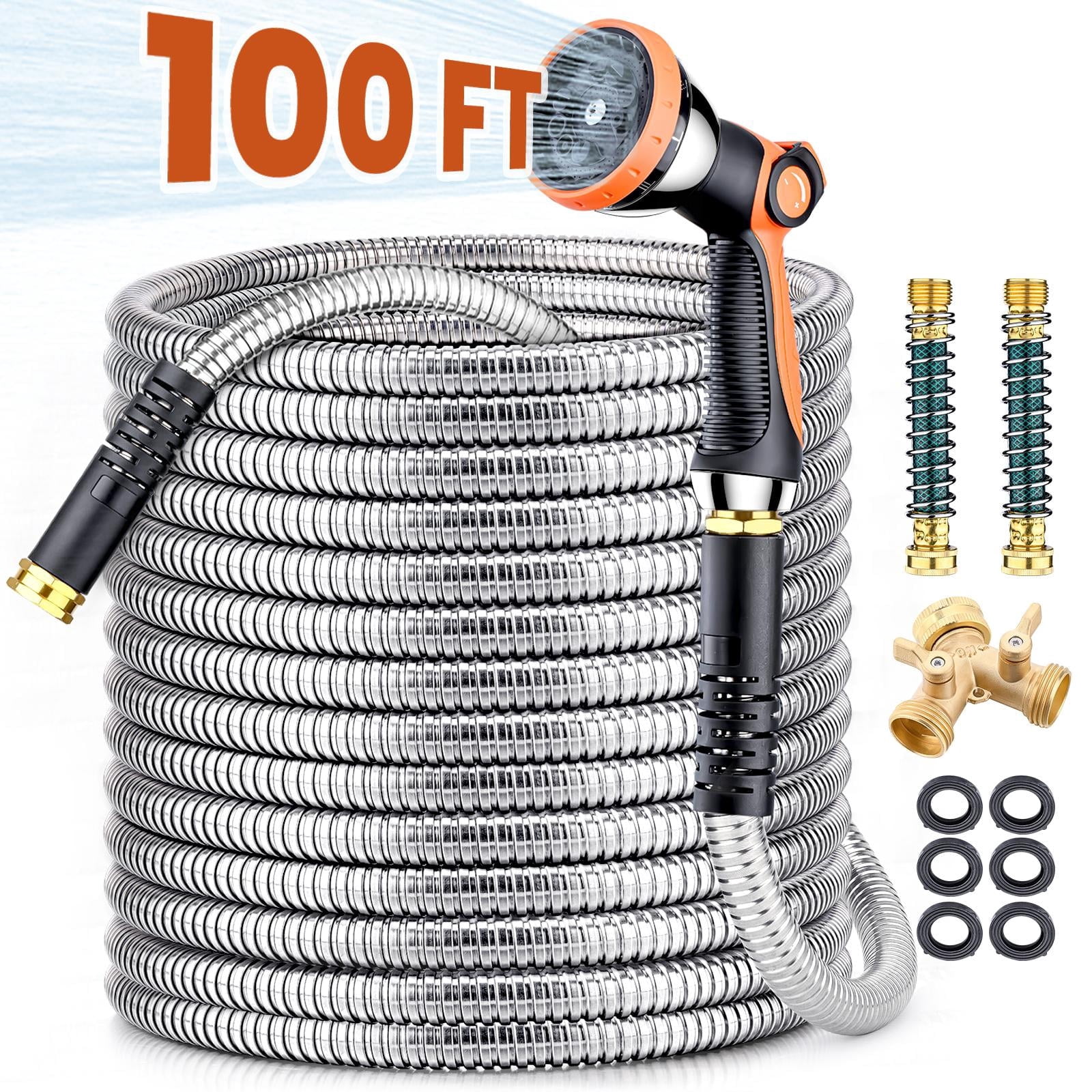 100ft Garden Hose, 304 Stainless Steel Metal Water Hose with 10-Mode Nozzle Sprayer & 6 Extra Rubber Washers, Durable Outdoor Hose for Lawn Watering, Yard, Patio