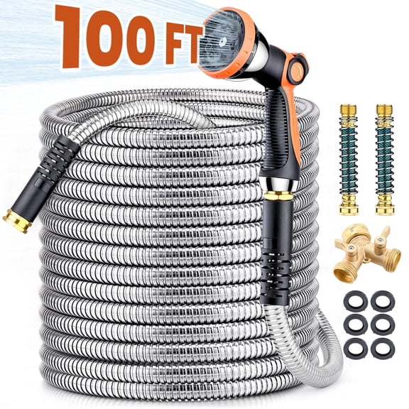100ft Garden Hose, 304 Stainless Steel Metal Water Hose with 10-Mode Nozzle Sprayer & 6 Extra Rubber Washers, Durable Outdoor Hose for Lawn Watering, Yard, Patio