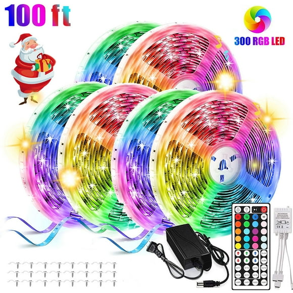 100ft/30M LED Light Strip RGB Soft Rope Lights 5050 SMD 480 LEDs Non Waterproof 30 Meters Tape Light with 44 Keys IR Wireless Remote Control and 24V Power Adapter