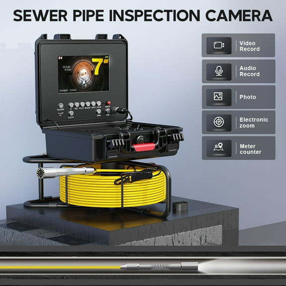 100ft/30m Sewer Camera with 512Hz Sonde Self-Leveling,Pipe Inspection Camera with DVR Recorder,Endoscope with Meter Counter 12pcs LED Lights for Plumbing (16 GB SD Card Included)