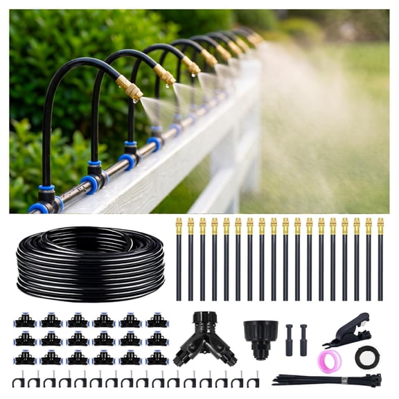 100ft 360° Adjustable Irrigation System For Garden - 1/4" Tubing With 18 Nozzles Watering Misting Sprinkler Raised Bed Lawn Plants