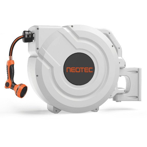 100ft 5/8 Inch Retractable Garden Hose Reel, Heavy Duty Wall Mounted with Slow Auto Rewind & Any-Length Lock – 9-Pattern Nozzle, 180° Swivel Bracket, UV Resistant for Outside Use