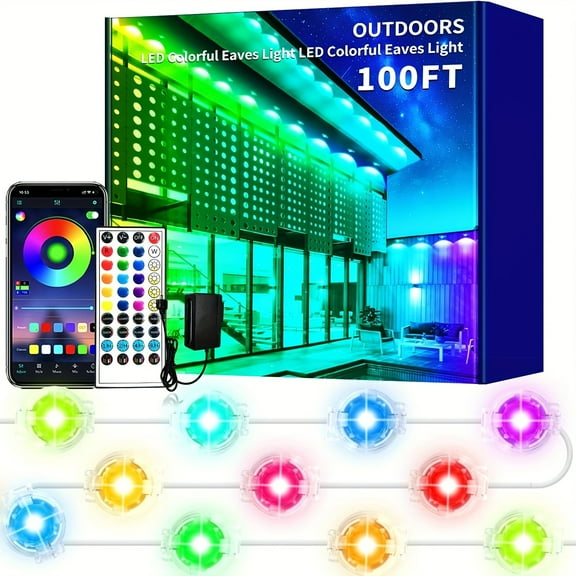 100ft/50ft/60ft/150ft/200ft Permanent Outdoor Lights, RGB Eaves Lights, DIY Scene Modes IP67 Waterproof Outdoor Under Eave Lighting, Outdoor Lights for Outdoor Decor, Garden Decor, House, Party