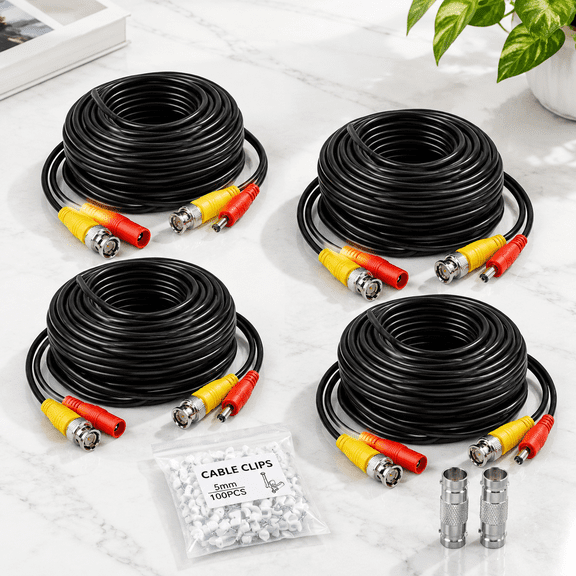 100ft-Black All-in-One Video Power BNC Cables for CCTV Security Systems, 4 Pack