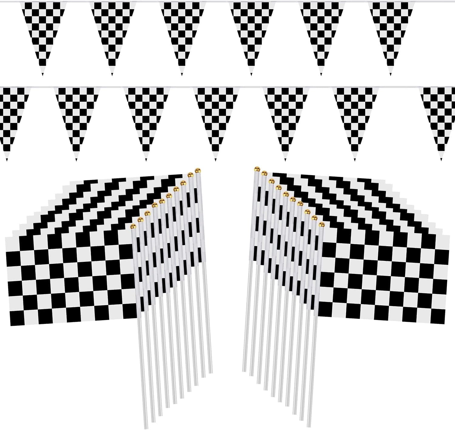 100ft Black and White Checkered Flag Banner Racing Birthday Decorations and 20Pcs 11.8 Inch Racing Flags, for Nascar Cars Party Supplies