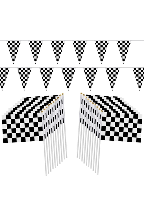 100ft Black and White Checkered Flag Banner Racing Birthday Decorations and 20Pcs 11.8 Inch Racing Flags, for Nascar Cars Party Supplies