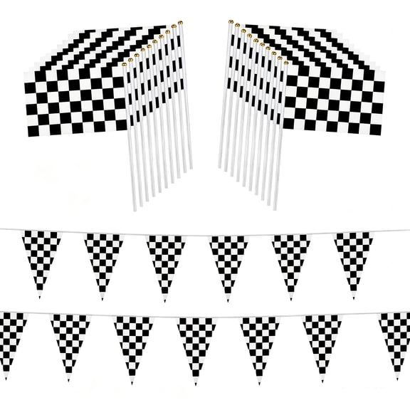 RYLZX 100ft Black and White Checkered Flag Banner Racing Birthday Decorations and 20Pcs 11.8inch Racing Flags, for Nascar Cars Party Supplies