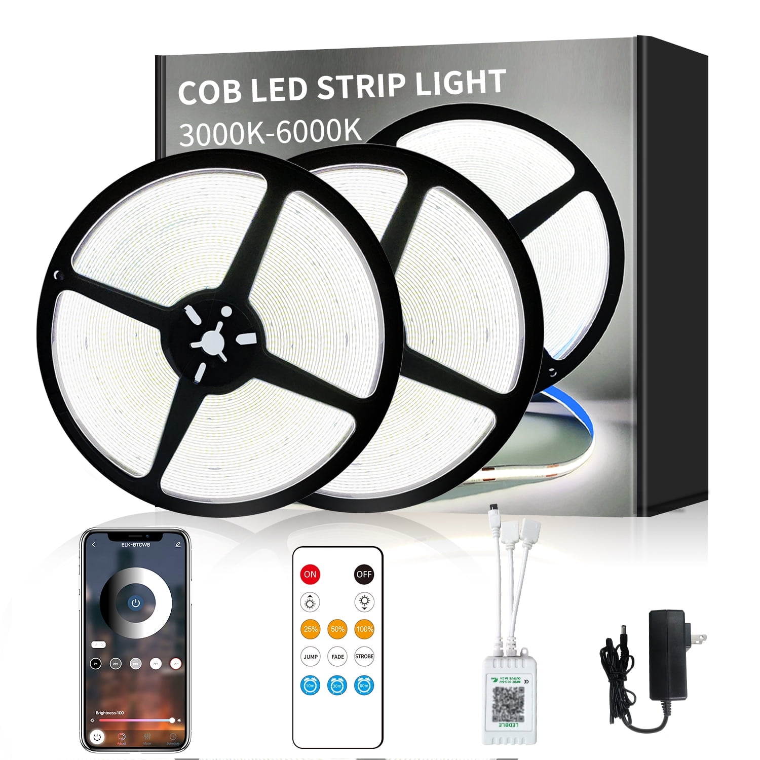 100ft COB LED Strip Lights DC 24V Dimmable 6000K White Flexible LED Tape Light for Bedroom, with Remote and app Control LED Tape Lights,for DIY Home Decoration