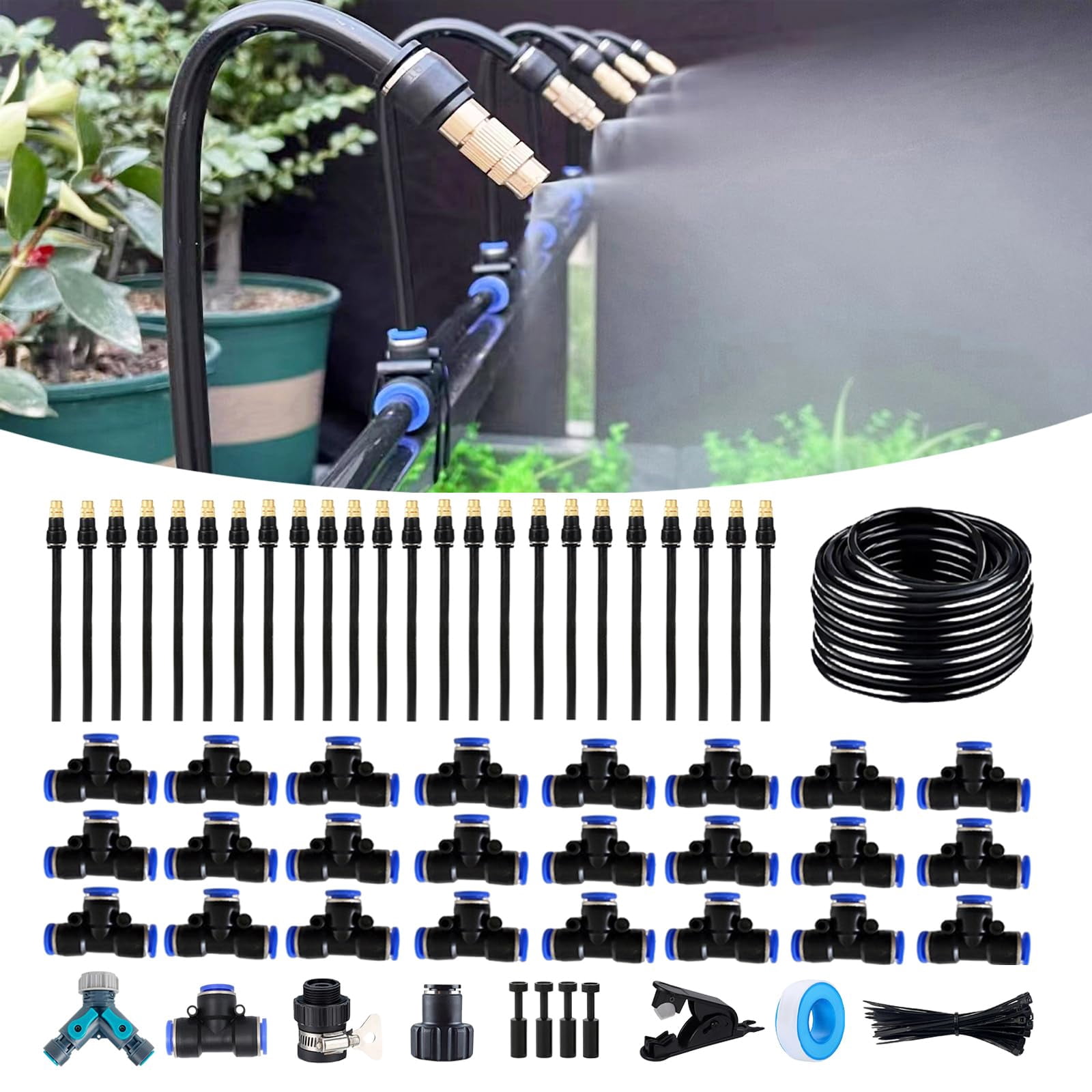 100ft Drip Irrigation Kit  Automatic Garden Watering System With Tool-free Quick Connectors 360° Bending Droppers & Copper Misting Nozzles For Greenhouse Patio Lawn Vegetable Garden. (30m)