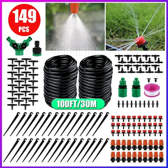 100ft Drip Irrigation System Garden Plant Self Watering Hose Micro Sprinkler Kit