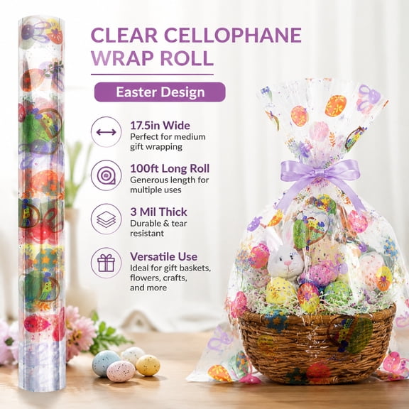 100ft Easter Cellophane Wrap Roll with Egg Design - 17.5 in x 100 ft, 3 Mil Thick Clear Wrapping Paper for Baskets, Candy & Gift Packaging