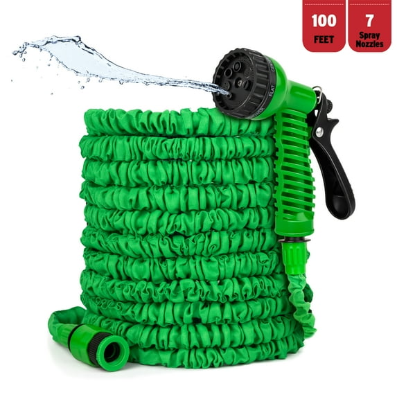 PortableOut 100ft Expandable Flexible Garden Water Hose, 3/4", 7 Sprayer Nozzle, Nylon, Outdoor