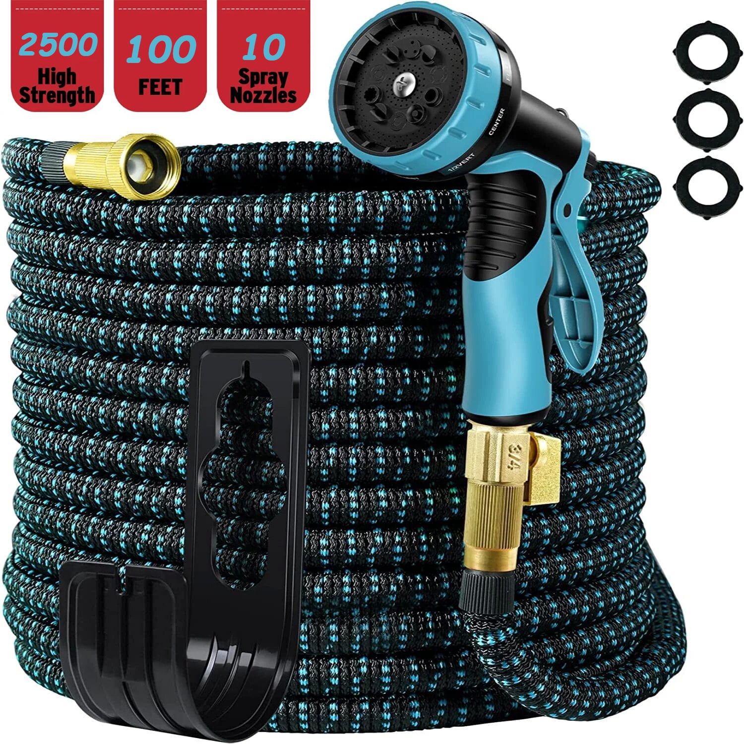 2024 Upgrade 100ft Expandable Garden Hose,Flexible Water Hose with 10 Function Spray Nozzle, Extra Strength 3750D,Car Wash Hose with 3/4" Solid Brass Connector Blue