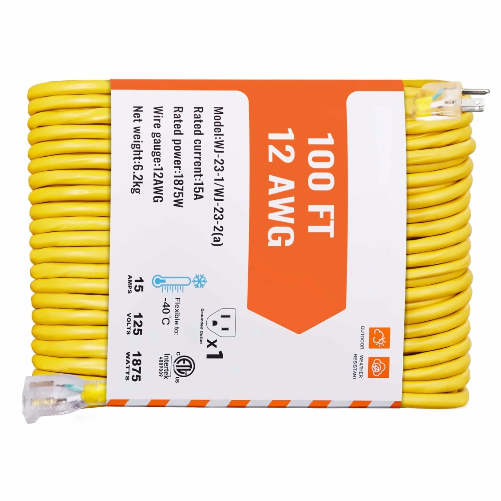 100ft Heavy Duty Extension Cord 12AWG, 15 Amp, 3-Prong - ETL Listed, Indoor Outdoor Cord, -40°F Cold Weather, Lighted End for Lawn, Garage, Home