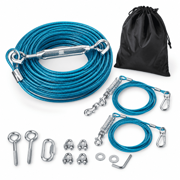 100ft Heavy Duty Dog Tie Out Trolley System for Small, Medium, Large Dogs Up To 250lbs, Blue
