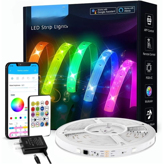 100ft IC WiFi Strip Lights, Work with Alexa and Assistant, BGRIC Lights App Control Segmented DIY Multiple Colors, Color Changing Music Sync for Decor (1 Roll)