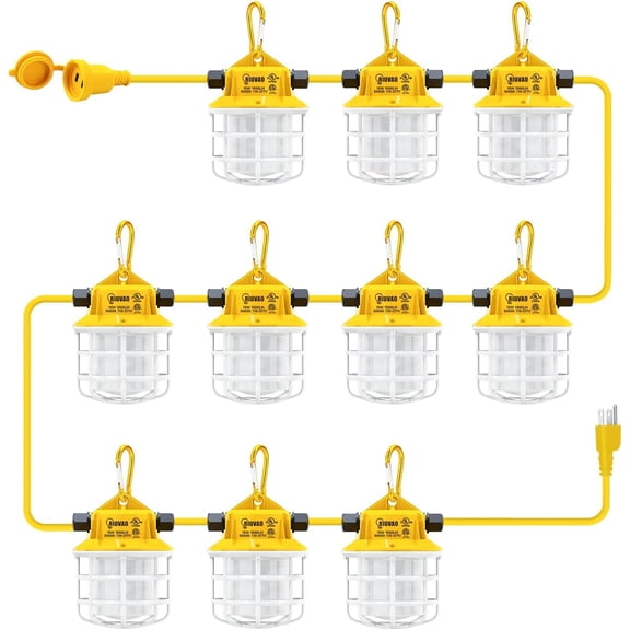 100ft LED Construction String Lights, 150W 15000LM Super Bright LED String Work Light, Construction Temporary Lights apply to Renovation, Courtyard, Jobsite, and All Outdoor Lighting (100ft-10lights)