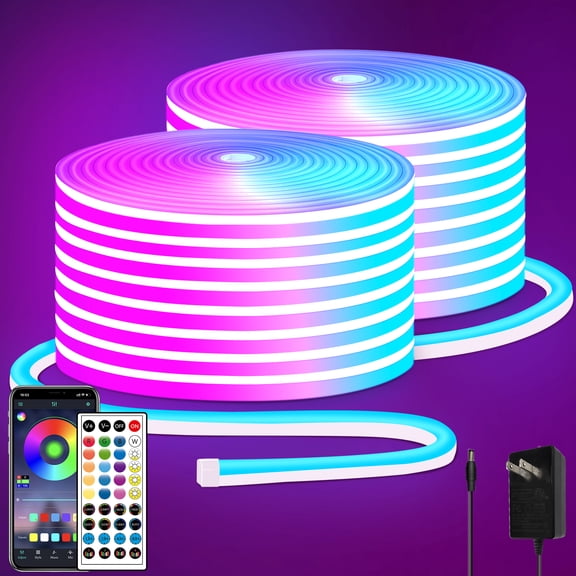 100ft LED Neon Lights 24V RGB LED Rope Lights with Remote Control APP Control IP65 Waterproof Flexible Neon LED Strip Lights for Bedroom Room Outdoors Decor (2 Rolls of 50ft)