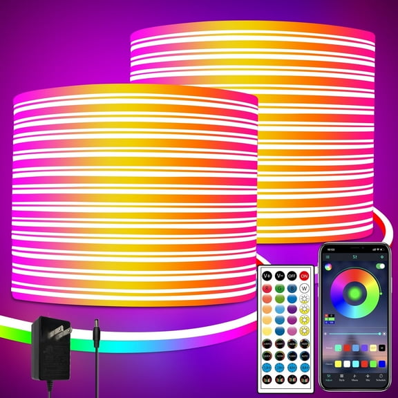 100ft LED Neon Lights 24V RGB LED Rope Lights with Remote Control APP Control IP65 Waterproof Flexible Neon LED Strip Lights for Bedroom Room Outdoors Decor (2 Rolls of 50ft)