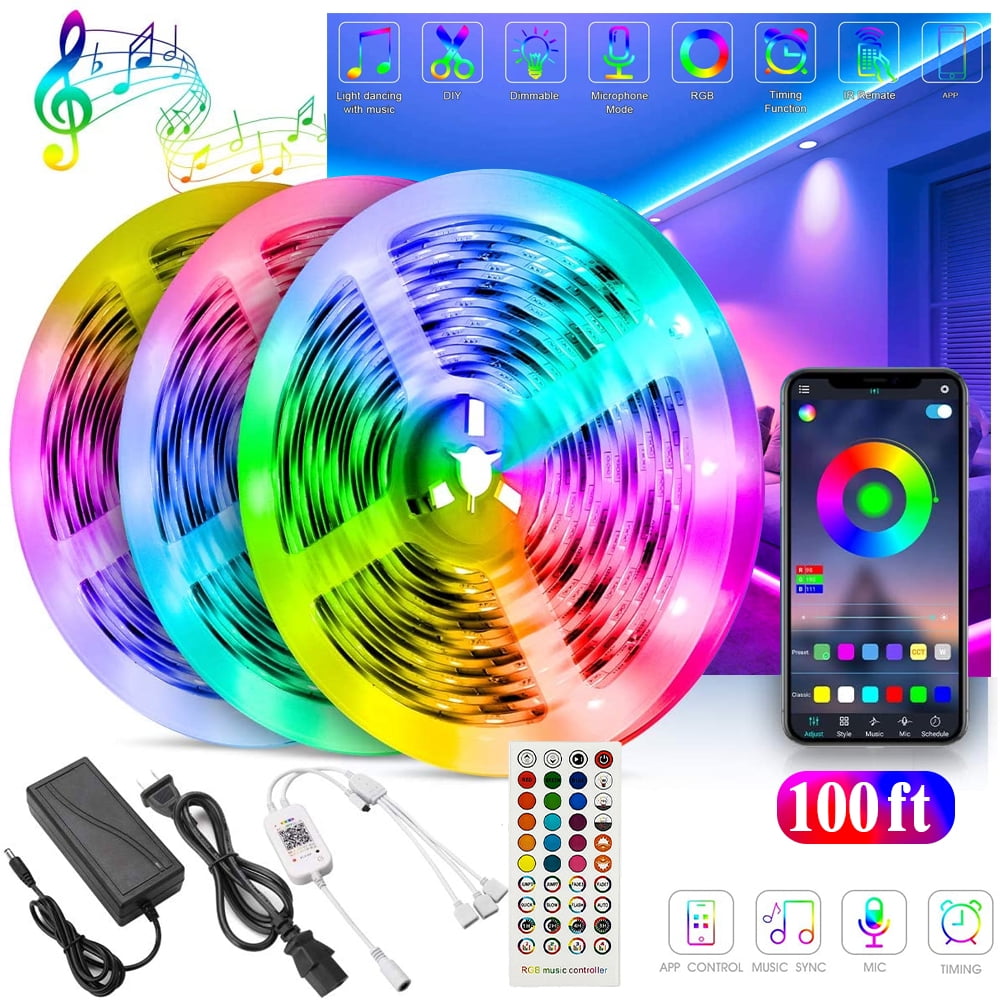 100ft LED Strip Lights with Remote,APP Control,5050 RGB LED Light Strips for Bedroom，Color Changing LED Lights for Room，Home Decoration