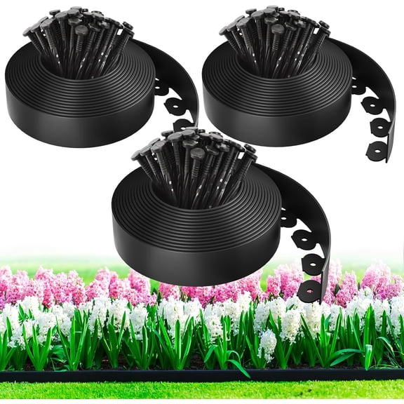 100ft Landscape Edging Kit with 150 Spikes, Not Digging Flexible Plastic Edge Border for Landscaping, Lawn, Garden, Flower Beds, Yard, Paver, Playground, Pathway,3pack, 33ft Each,1.5in high