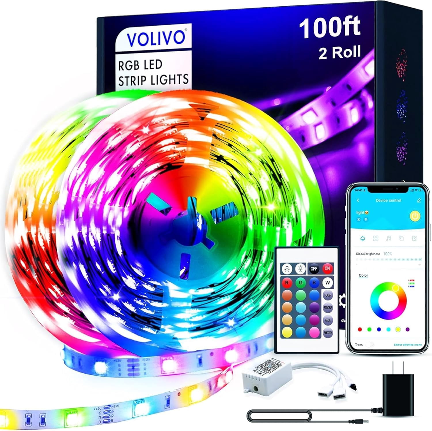 100ft Led Strip Lights for Bedroom, Color Changing Led Light Strips Kit with Bluetooth App Control and IR Remote, RGB Music Sync Lighting for Room, Home Decor