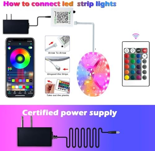 100ft Smart RGB LED Strip Lights – App & Remote Control, Bluetooth, Color Changing For Bedroom, Living Room, Wedding